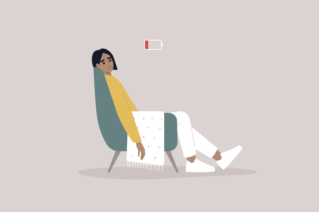 A young female exhausted character sitting in a chair with a low battery indicator above.